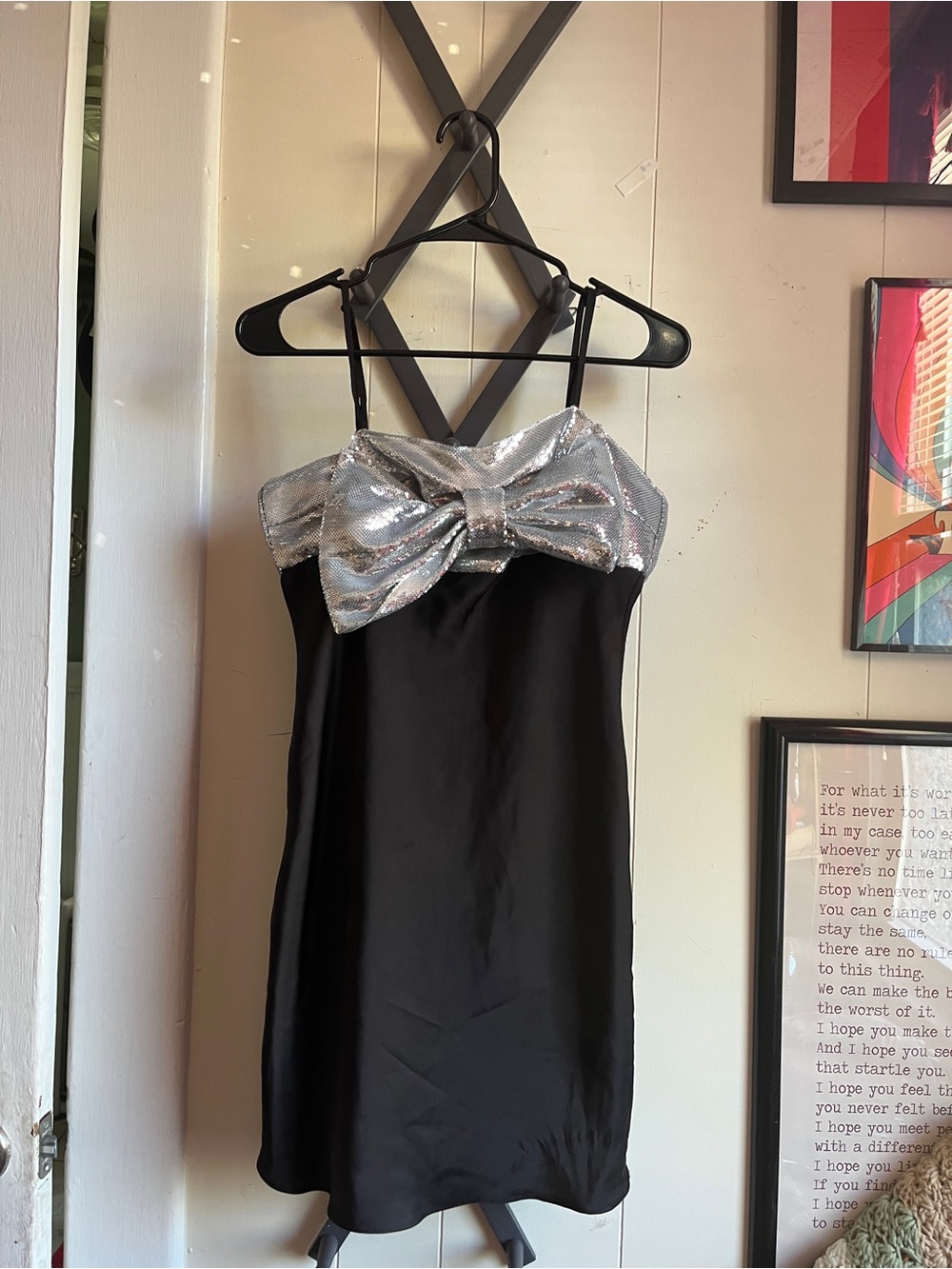 Glamorous Black Slip Midi Dress with Silver Sequin Bow